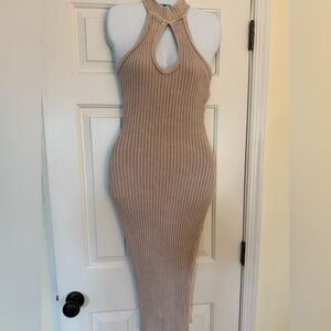 Keyhole cutout Beige Tan Ribbed Halter Dress sleeveless midi dress